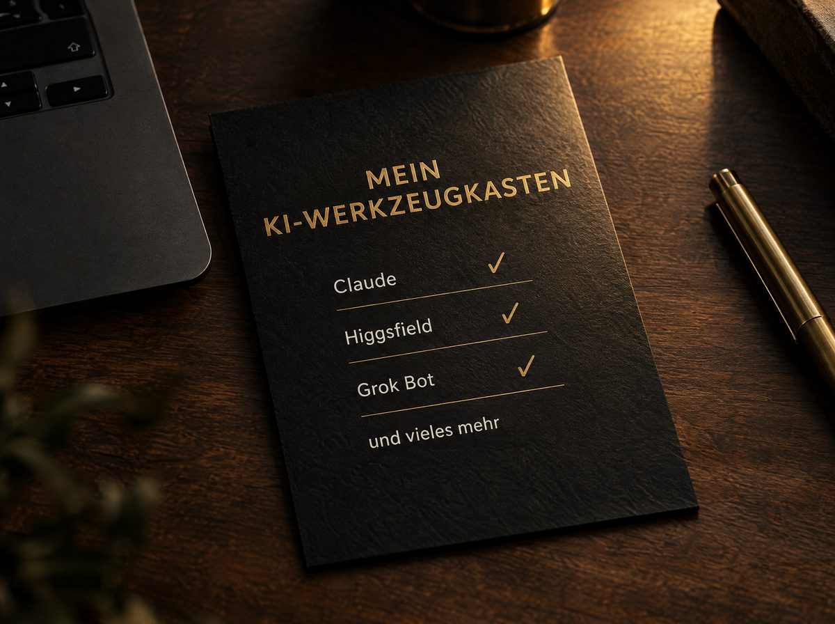 Karte: Mein KI-Werkzeugkasten mit Claude, Higgsfield, Grok Bot